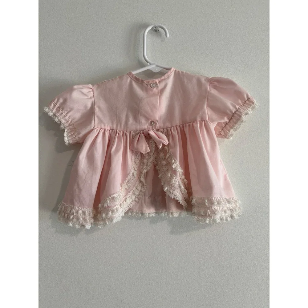 Unbranded Vintage Style Lace Trim Baby‎ Top 6-9M Pink Floral Embroidery Bow girl